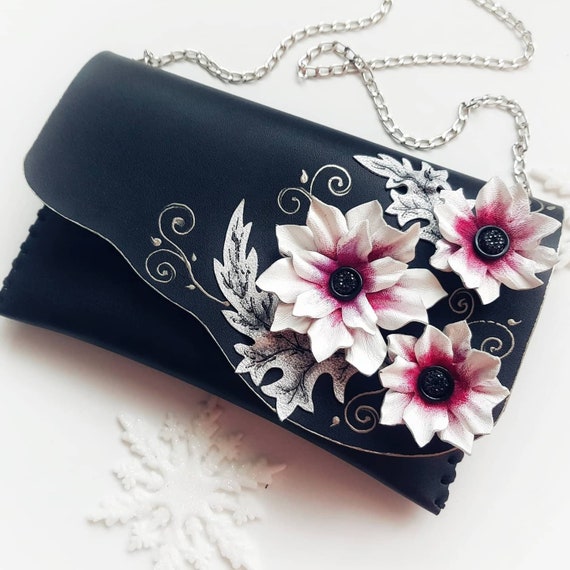 Silver Flowers Bag Painted Winter Purse leather Clutch White Flowers Bag Black Purse Anniversary Gift gift for Her birthday Gift for Her Etsy Canada