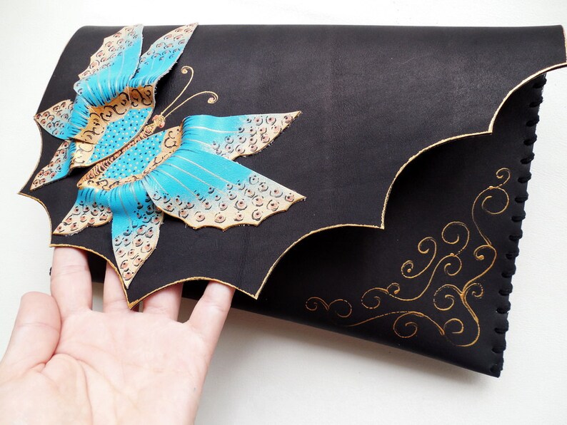Turquoise butterfly clutch Black clutch with butterfly Etsy
