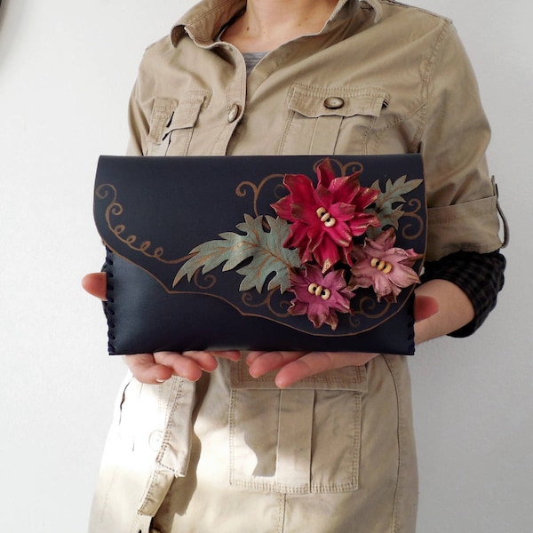 Pink flowers clutch purse Black leather clutch Navy and pink bag Unique leather clutch Evening purse Bridesmaid clutch bag Designer bag