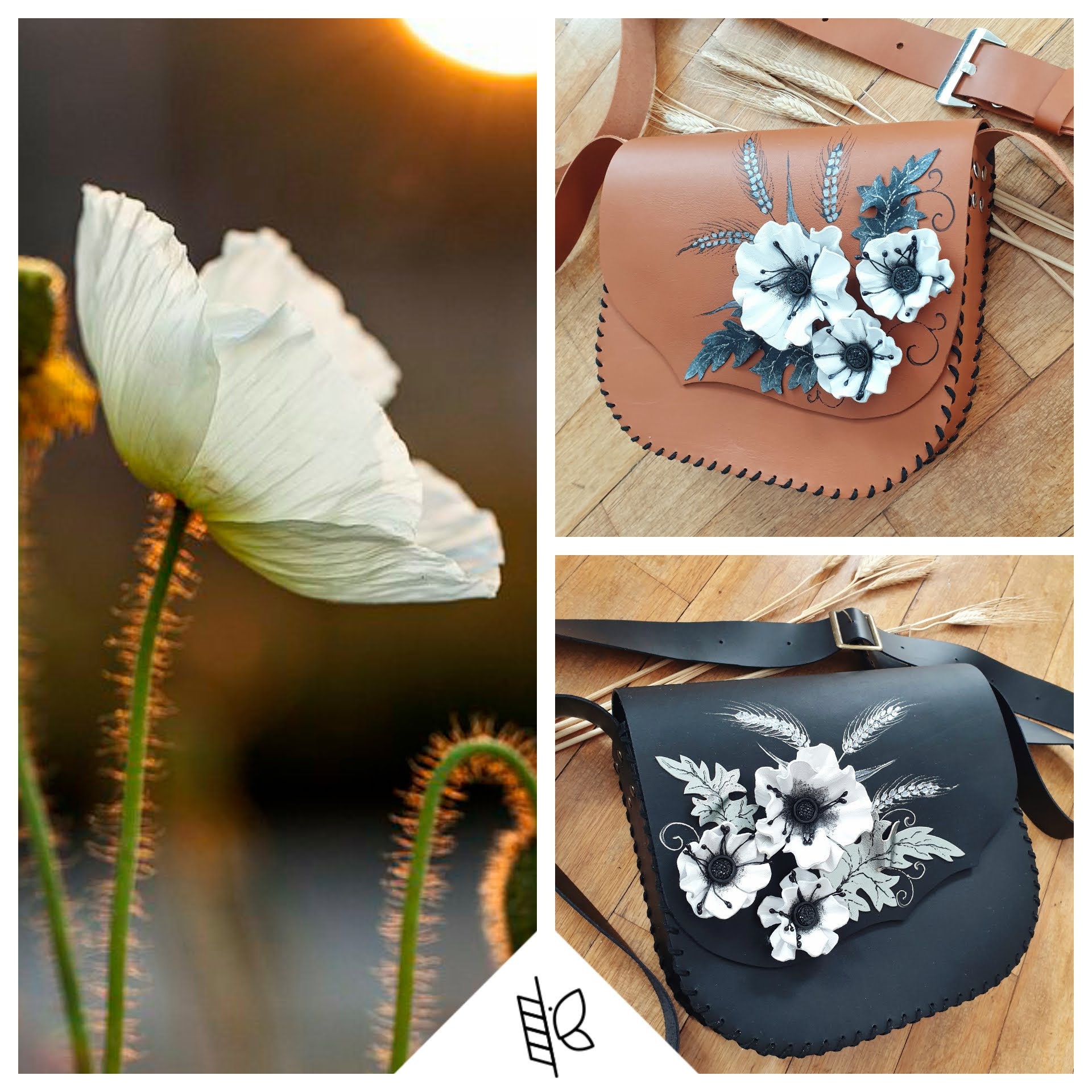 White Poppies Handmade Leather Bag Painted Leather Bag 3d Flower