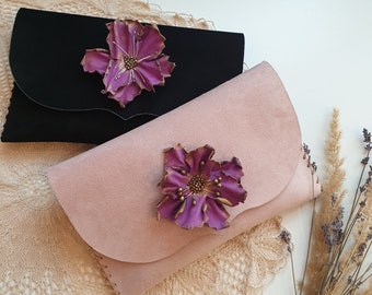 Bridesmaid Clutch, Purse, Bag, Gift, Wedding, Thank you, Accessory, Bridal, Flowers, Genuine Suede Purse with chain strap