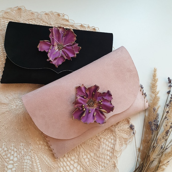 Bridesmaid Clutch, Purse, Bag, Gift, Wedding, Thank you, Accessory, Bridal, Flowers, Genuine Suede Purse with chain strap