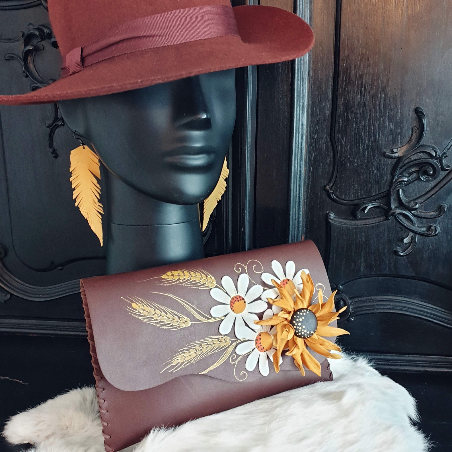 Sunflower Clutch Leather Sunflower Bag Floral Purse Etsy