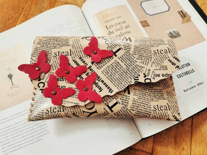Newspaper Leather Bag With Butterflies Newspaper Purse Etsy