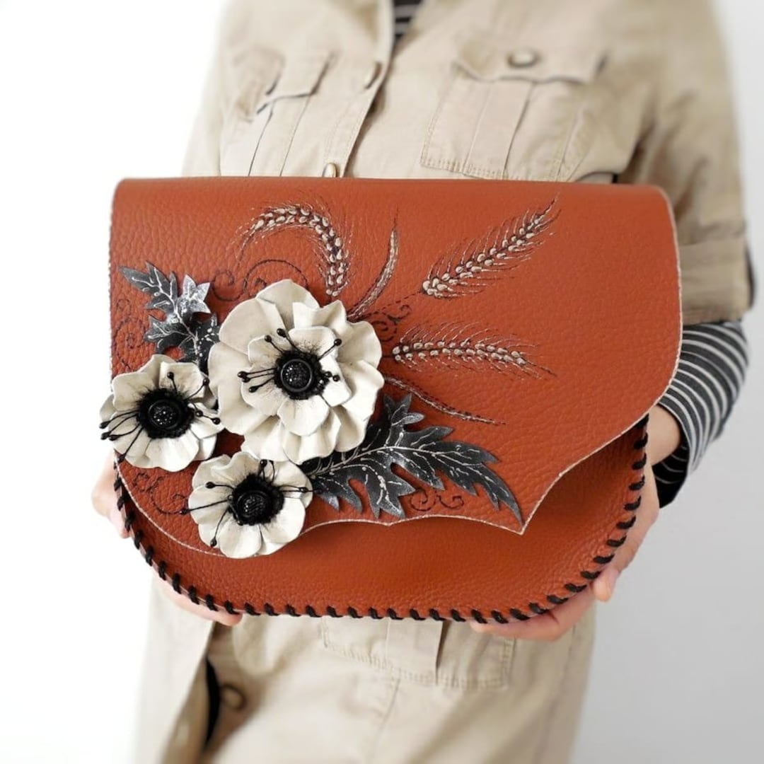 White Poppies Handmade Leather Bag Painted Leather Bag 3d Flower