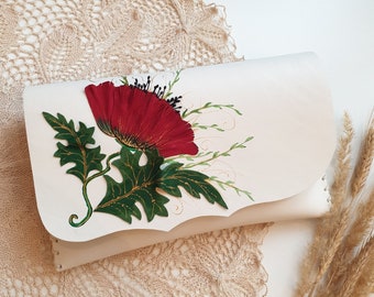 White leather clutch bag with red flower / Leather bag  / Genuine leather / Wedding clutch / Bridesmaids clutch / MEDIUM SIZE