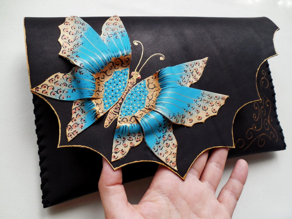 Turquoise butterfly clutch Black clutch with butterfly Etsy
