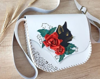 Crossbody Black Cat Birthday Housewarming Gifts Cute Quirky Weird Gifts for Cat People Bag Red Roses Leather crossbody bag, Small bag