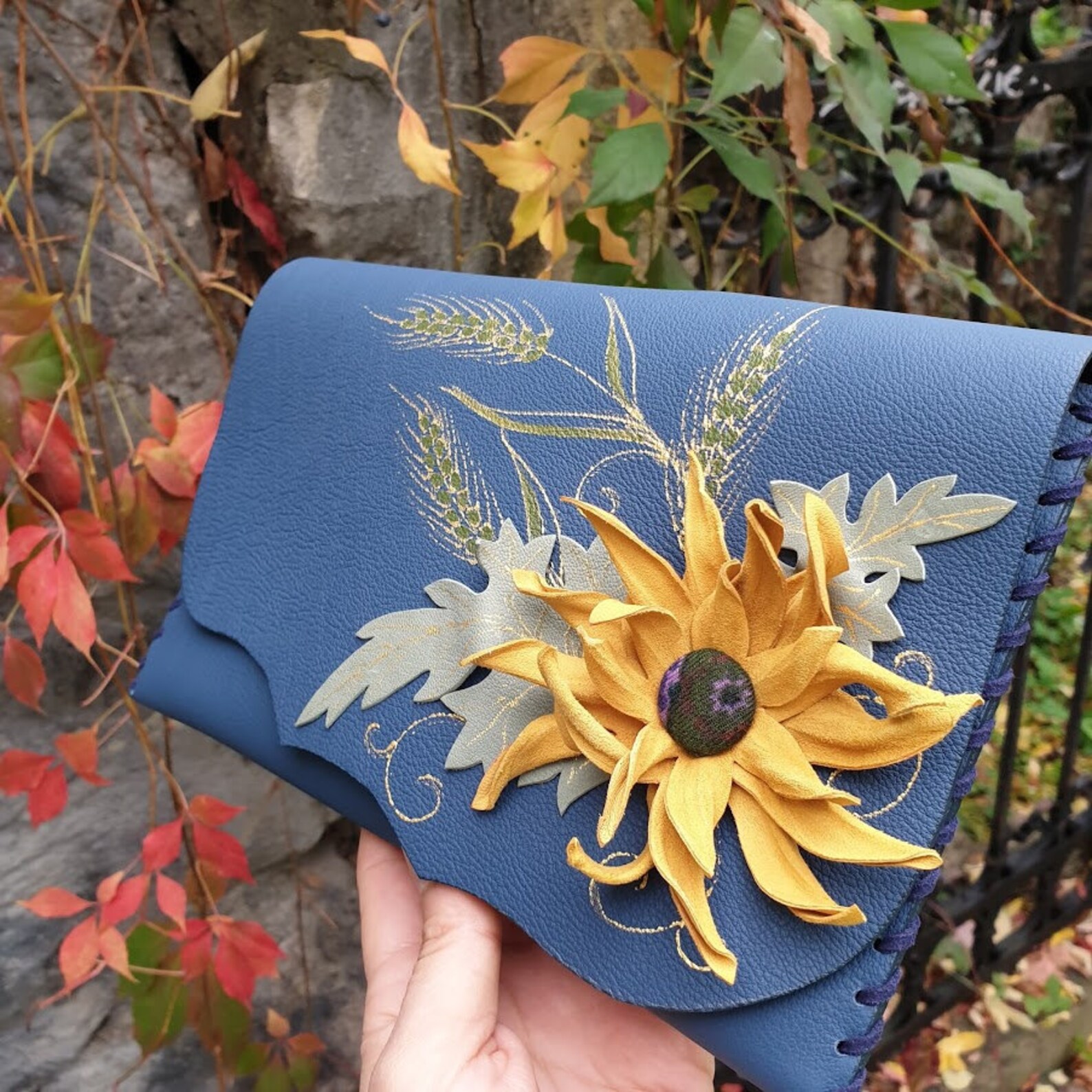 Sunflower Clutch Leather Sunflower Bag Floral Purse Etsy
