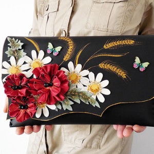 Floral leather clutch,Floral gift bag,Wildflowers bag,Poppies daisies bag,Floral bag,Black floral bag,Leather anniversary gift,Flowers bag