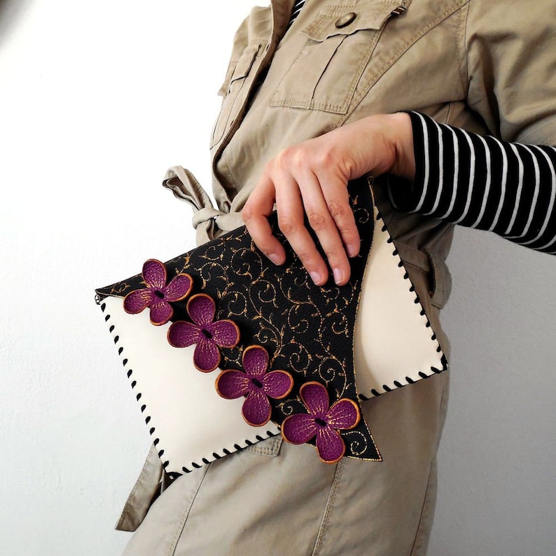 Unusual Floral Clutch Unique Design Clutch Purple Leather Etsy