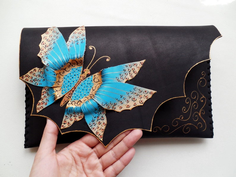 Turquoise butterfly clutch Black clutch with butterfly Etsy