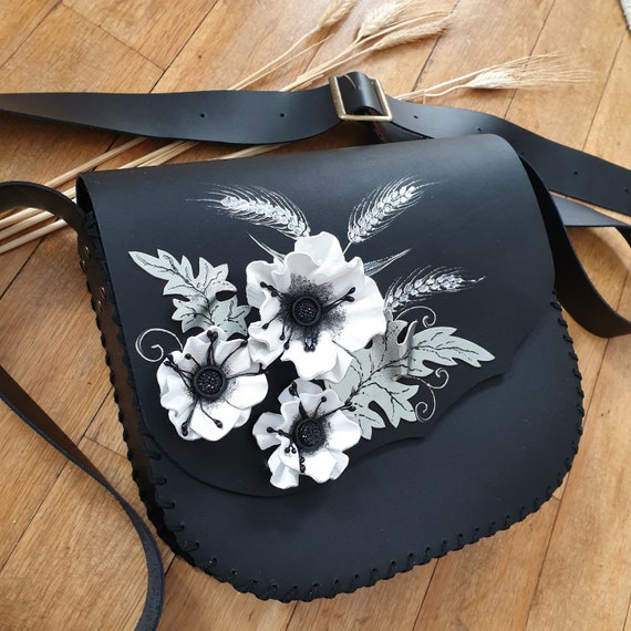 White Poppies Handmade Leather Bag Painted Leather Bag 3d