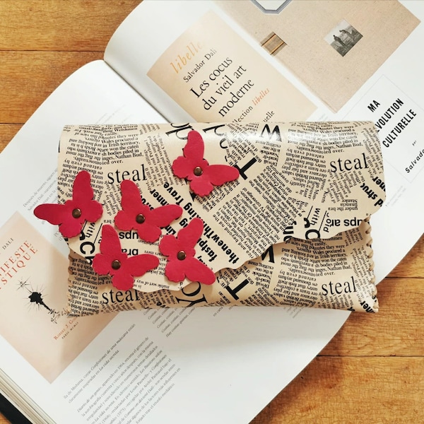 Newspaper leather bag with butterflies, Newspaper purse , Butterflies leather clutch, Vintage print bag, Best gift for leather anniversary