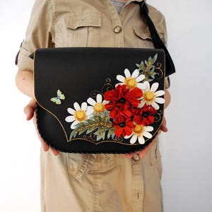 Flower Bouquet, Unique painted bag,Wildflowers,Floral bag,Anniversary Gift,Unusual bag,Boho leather bag,Poppies,Hippie bag,Gift for her