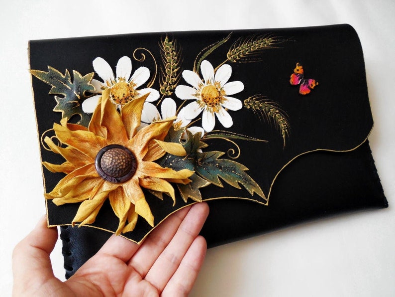 Sunflower clutch Leather sunflower bag Floral purse Etsy