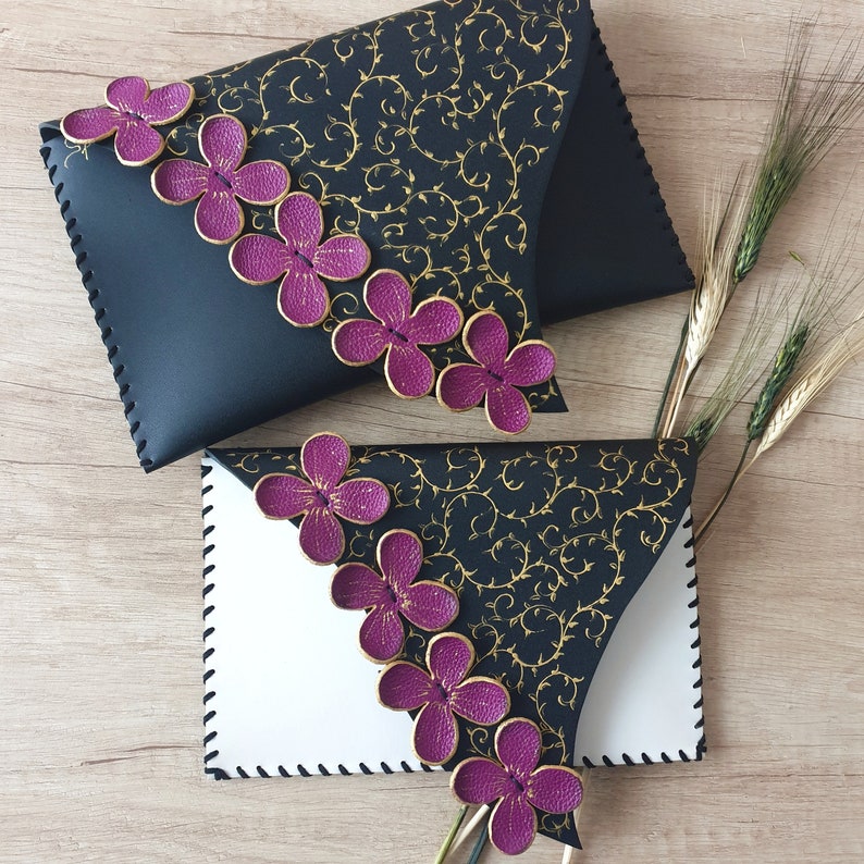 Unusual Floral Clutch Unique Design Clutch Purple Leather Etsy