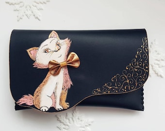 Marie cat The Aristocats clutch, Black and gold cat clutch, Marie the artisocat with bow, Cute clutch, Kawaii bag with cat, Cat gift for her