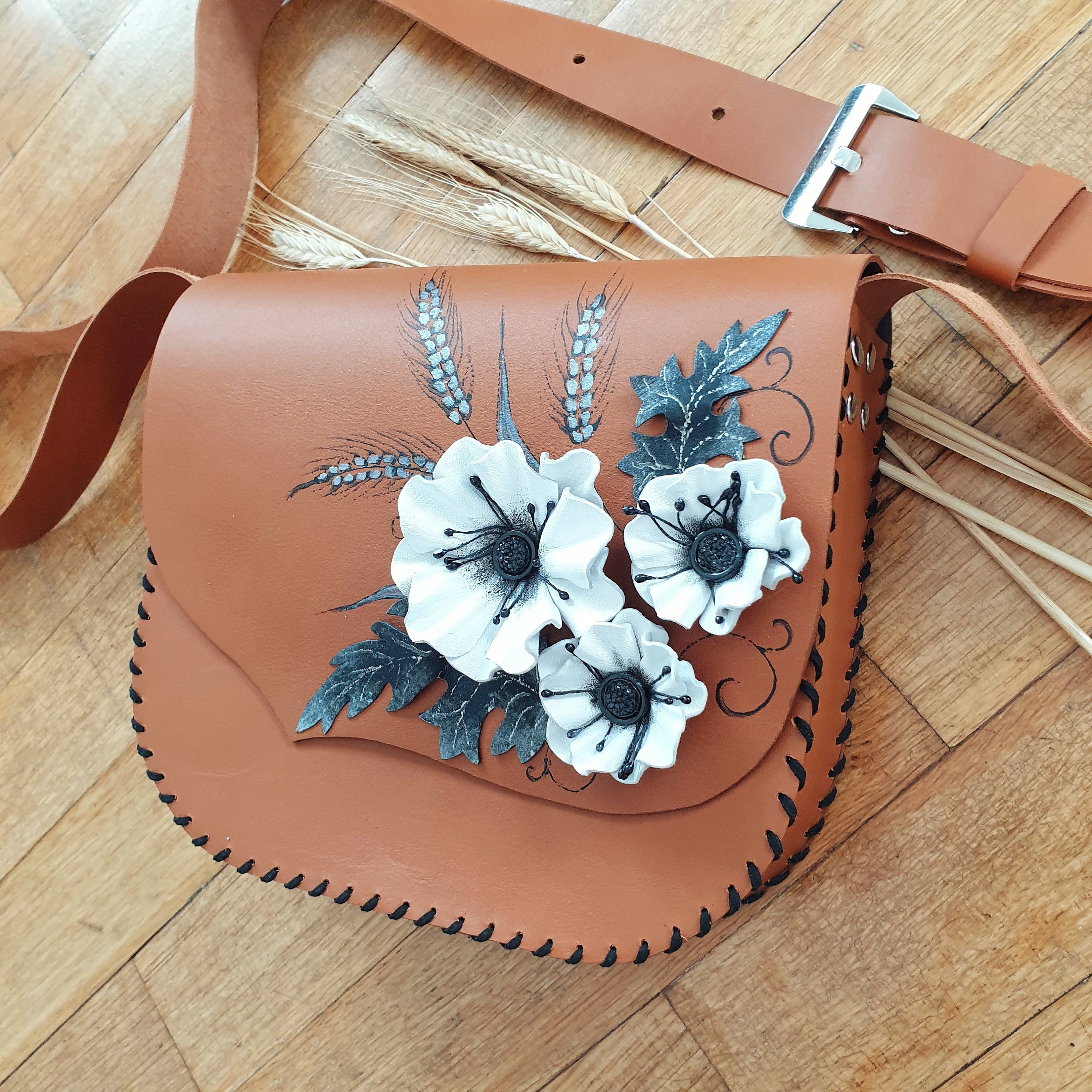 White Poppies Handmade Leather Bag Painted Leather Bag 3d Flower
