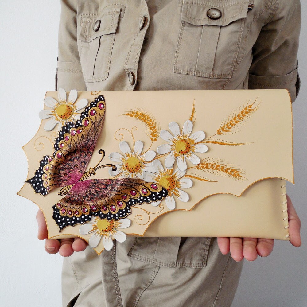 Colorful Butterfly Clutch flowers Leather Purse unique Leather Bag