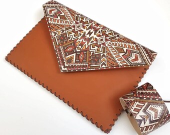 Geometric leather clutch, Aztec leather clutch, brown leather clutch, Etnic clutch, Geometric clutch, Leather purse, Colorful purse