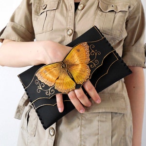 Butterfly Clutch, Personalized Black Clutch,Black leather purse, Leather Anniversary, Evening Clutch Bag, Unique Clutch,Butterfly bag