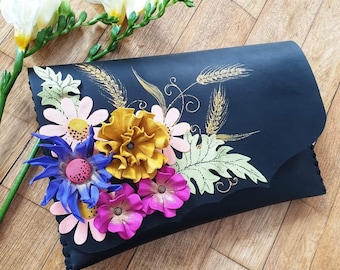 Colorful floral purse,  Floral leather clutch, Black with Flowers , Handmade leather bag, Gifts for Women, boho leather purse