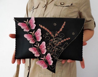 Black clutch with butterflies, Painted butterfly bag, Unique purse, Unusual handbag, Personalized gift, black leather handbag, black clutch