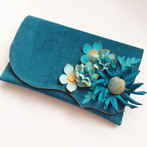 Teal clutch with flowers, Unique purse, floral bag ,Floral clutch, bridesmaid clutch, Leather floral purse, Designer bag, gift for her