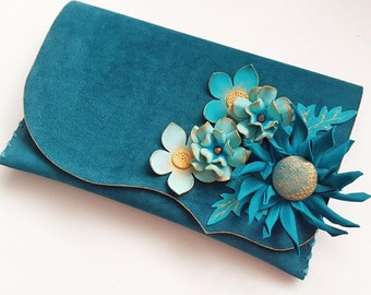 Teal clutch with flowers, Unique purse, floral bag ,Floral clutch, bridesmaid clutch, Leather floral purse, Designer bag, gift for her