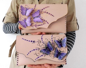 Pink clutch with purple butterflies, Bridesmaid butterfly bag, Painted butterfly purse, Unique purse, Unusual bridal gift, Anniversary gift