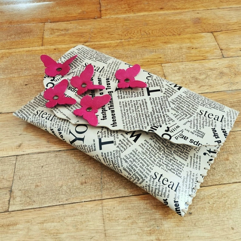 Newspaper Leather Bag With Butterflies Newspaper Purse Etsy