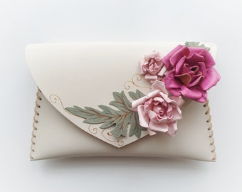 white bag with roses, wedding roses bag, bridal bag, pink roses handbag, Bridal Gift, Personalized Wedding Gift, Bride Gift,Wedding Gift