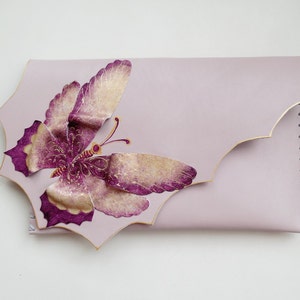 Dusty pink butterfly clutch Bridesmaid butterfly bag Painted butterfly purse Unique purse Unusual bridal gift Purple butterfly clutch bag image 1