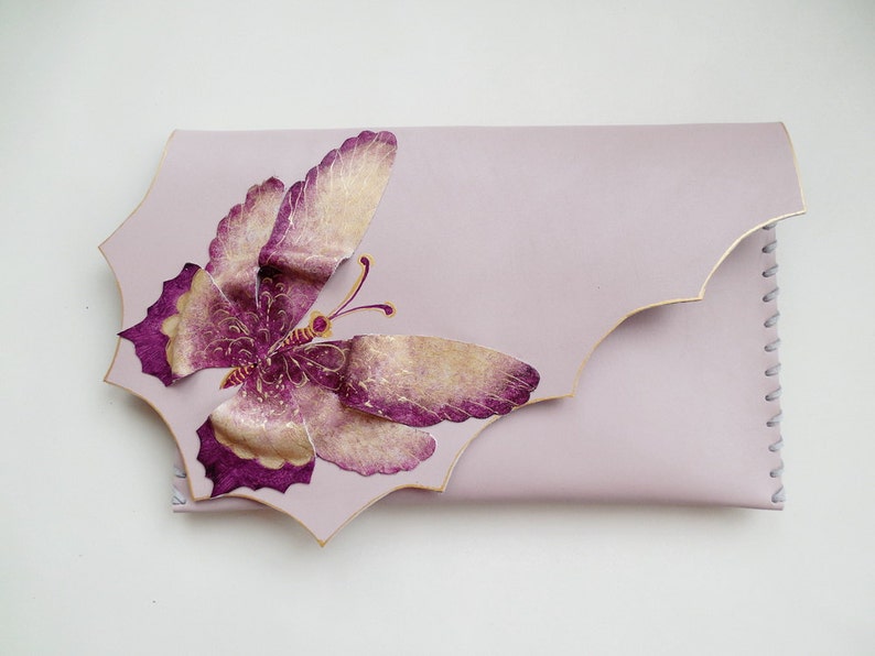 Dusty pink butterfly clutch Bridesmaid butterfly bag Painted butterfly purse Unique purse Unusual bridal gift Purple butterfly clutch bag image 1