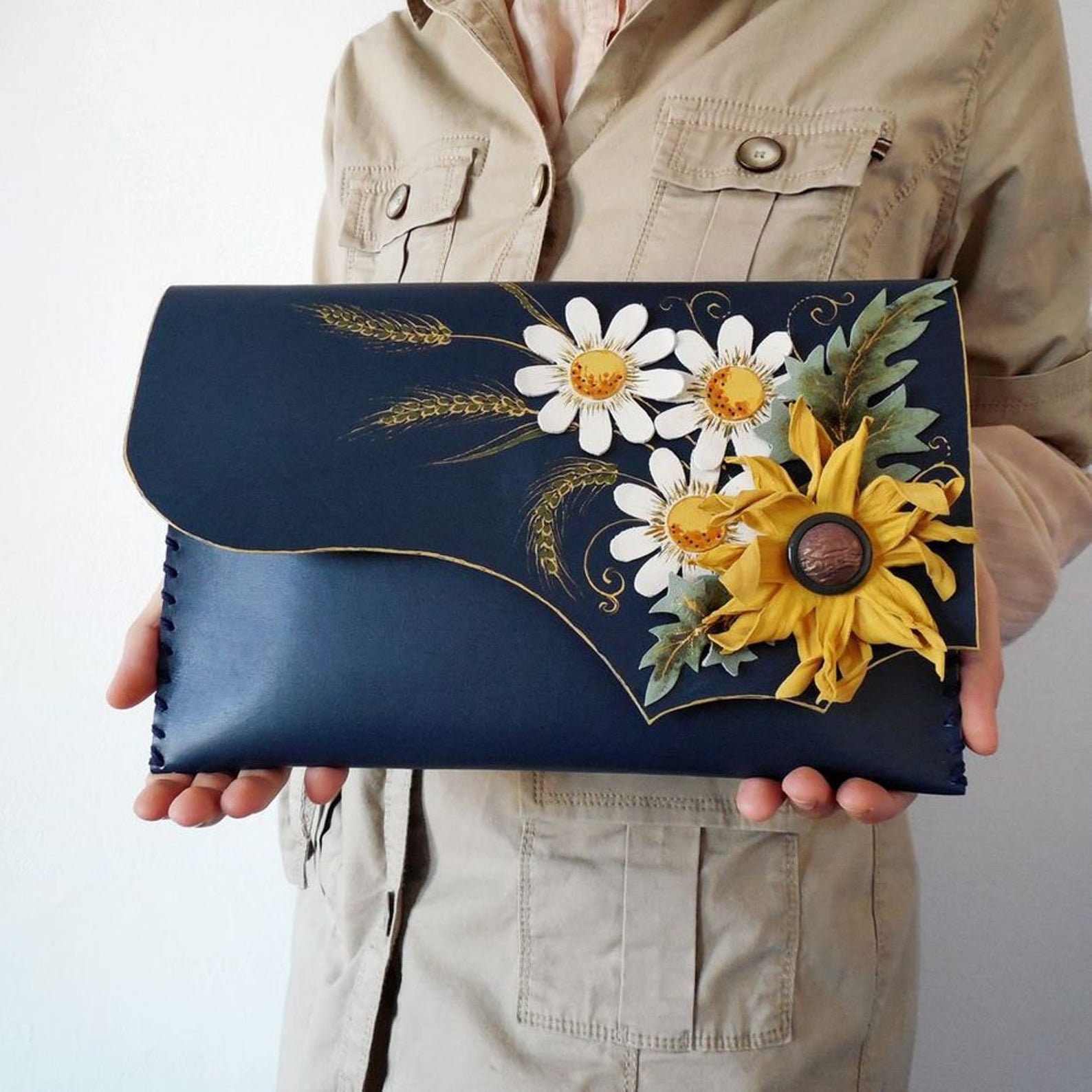 Sunflower Clutch Leather Sunflower Bag Floral Purse Etsy