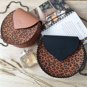Round Leather Bag, Animal  print bag, Circle Bag, Round Bag, Round Evening Clutch, Circle Crossbody Bag, Round Purse, Unique Shoulder Bag