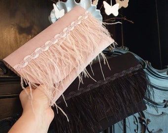 Handmade Suede Clutch, ostrich feather clutch, bridal clutch, great gatsby purse, Bridesmaid clutch, Evening Feather Clutch with feathers