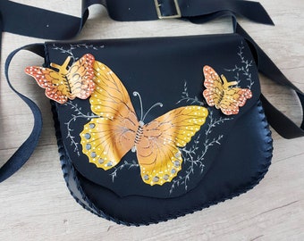 Gele vlinders tas, Gele en zwarte portemonnee, Vlinders crossbody tas, Geschilderde lederen tas, Verjaardag cadeau, Lederen vlinder, Kleurrijke tas