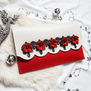 Christmas bag, Red White clutch, Tablet Bag, Christmas gift, elegant bag, winter purse, holiday bag, leather and lace, perfect gift for her