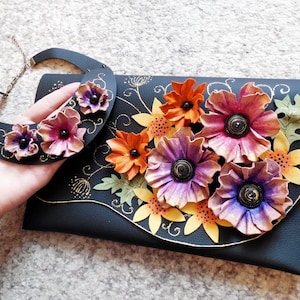 Anemones leather purse, Floral handbag, Bag with flowers, Leather anniversary gift for her, artisan hand painted bag, Black floral bag