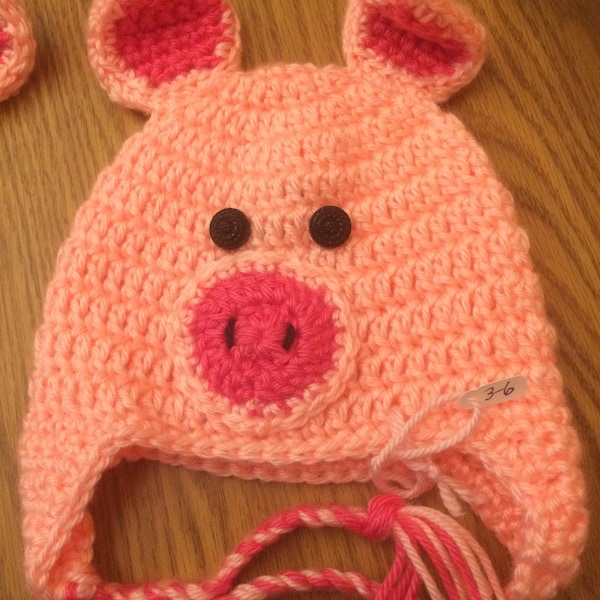 Handmade PIGGY Crocheted Hat Winter Hat or Photo Prop, Available in any size BABY to ADULT