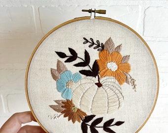 Leah Botanical Autumn Pumpkin Hand Stitched Embroidery on Vintage Oatmeal Linen Backing