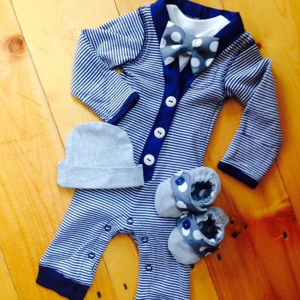 Baby Boys Coming Home Outfit, Cardigan Bodysuit and Bowtie Set, Cardigan Bodysuit, Full Bodysuit, Cardigan and Bowtie, First Birthday, Navy