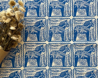 MADE TO ORDER ships in 4-6 weeks Blue Dala Horse - Dala Hast- Block Printed Tea Towel