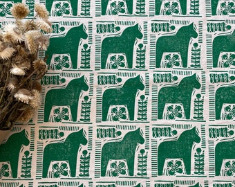 MADE TO ORDER ships in 4-6 weeks Green Dala Horse - Dala Hast - Block Printed Tea Towel