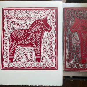 Dala Horse Red - linocut print