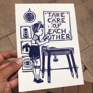 Take Care of Each Other - letterpress printed linocut print