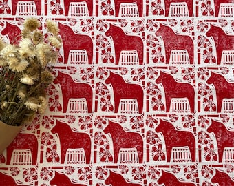 MADE TO ORDER ships in 4-6 weeks Red Dala Horse - Dala Hast - Block Printed Tea Towel