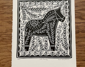 Dala Horse Black - linocut print